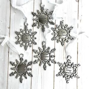 Set of 6 Pewter Tone Snowflake Ornament Engraved Sentiments Sheer Organza Ribbon